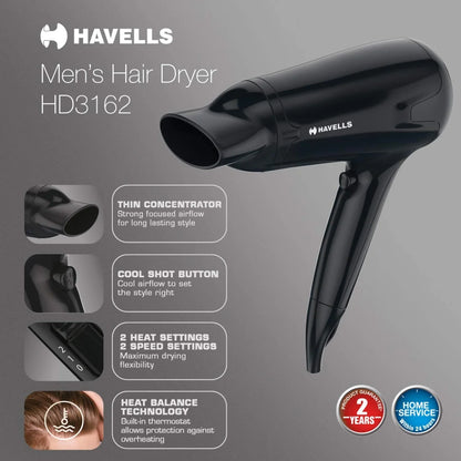 Havells HD3162 Men’s 1565 Watts Powerful Hair Dryer with Thin Concentrator and Cool Shot Button