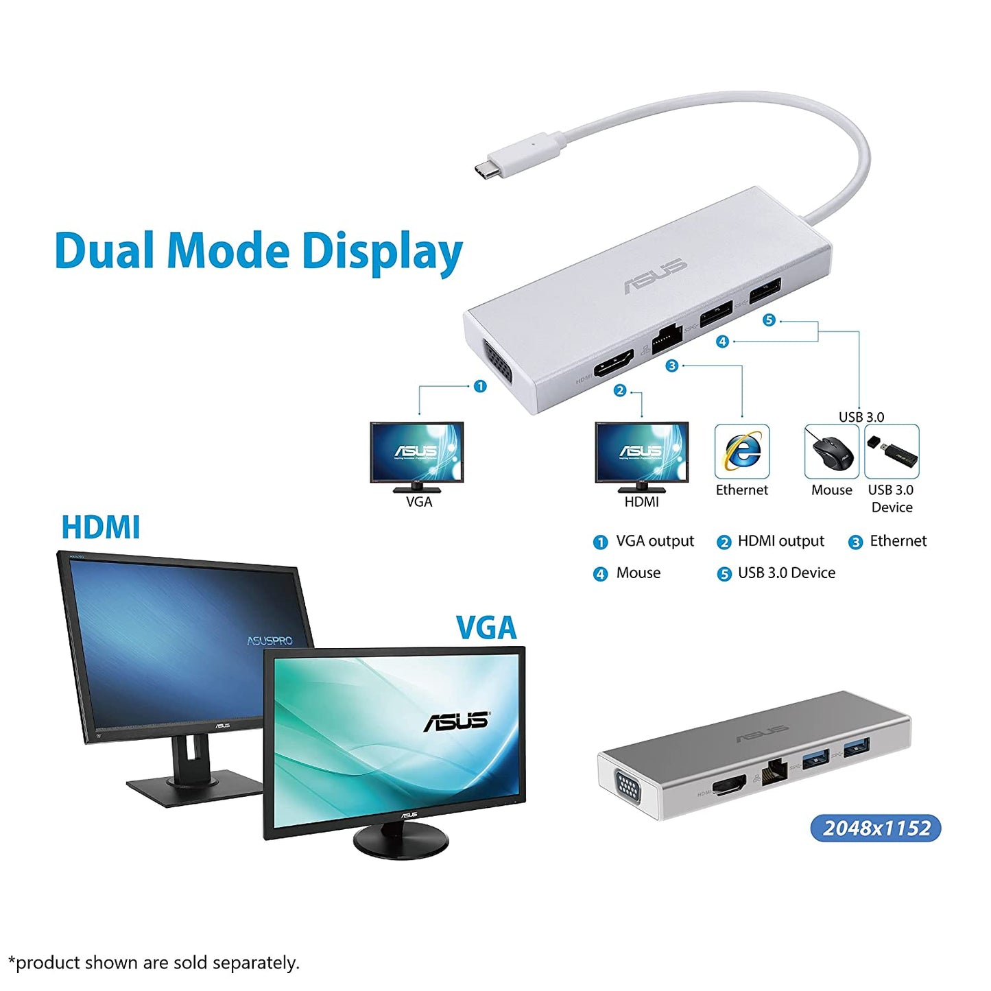 ASUS OS200 USB-C DONGLE with Two USB 3.0 Ports, Gigabit Ethernet Port, HDMI and VGA