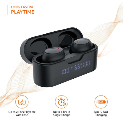 Amazon Basics Truly Wireless in Ear Earbuds with Mic, Touch Control, IPX5 Water Resistant, Bluetooth 5.3, Up to 25 Hours Playtime (Black)