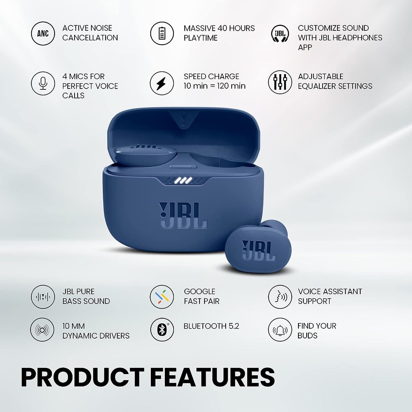 JBL Tune 130NC TWS Earbuds Active Noise Cancellation (Upto 40dB) Adjust EQ for Extra Bass Massive 40Hrs Playtime – Blue