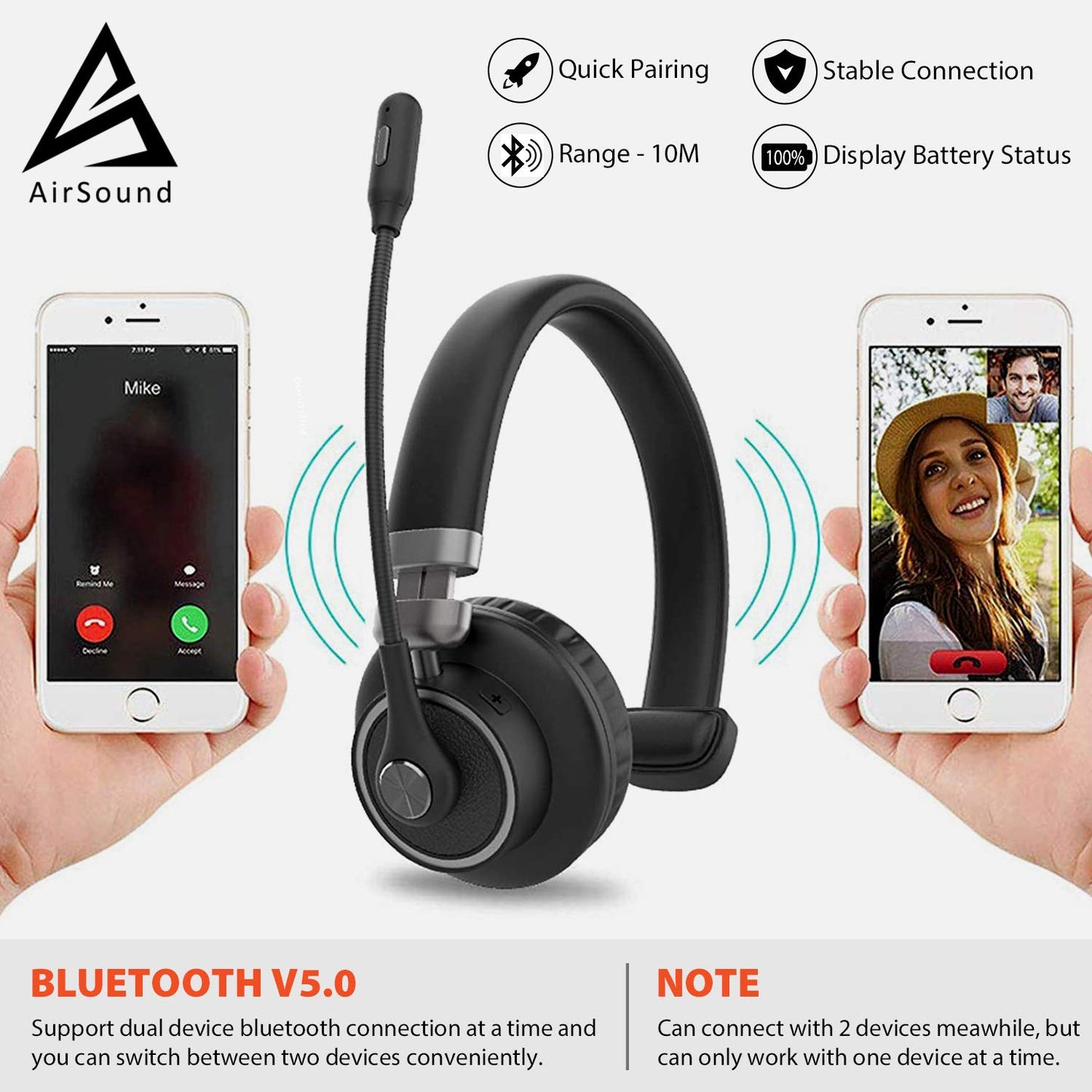 AirSound M91 Pro Bluetooth Wireless Over Ear Headphones, Noise-Cancelling On-Ear with Flexible with mic