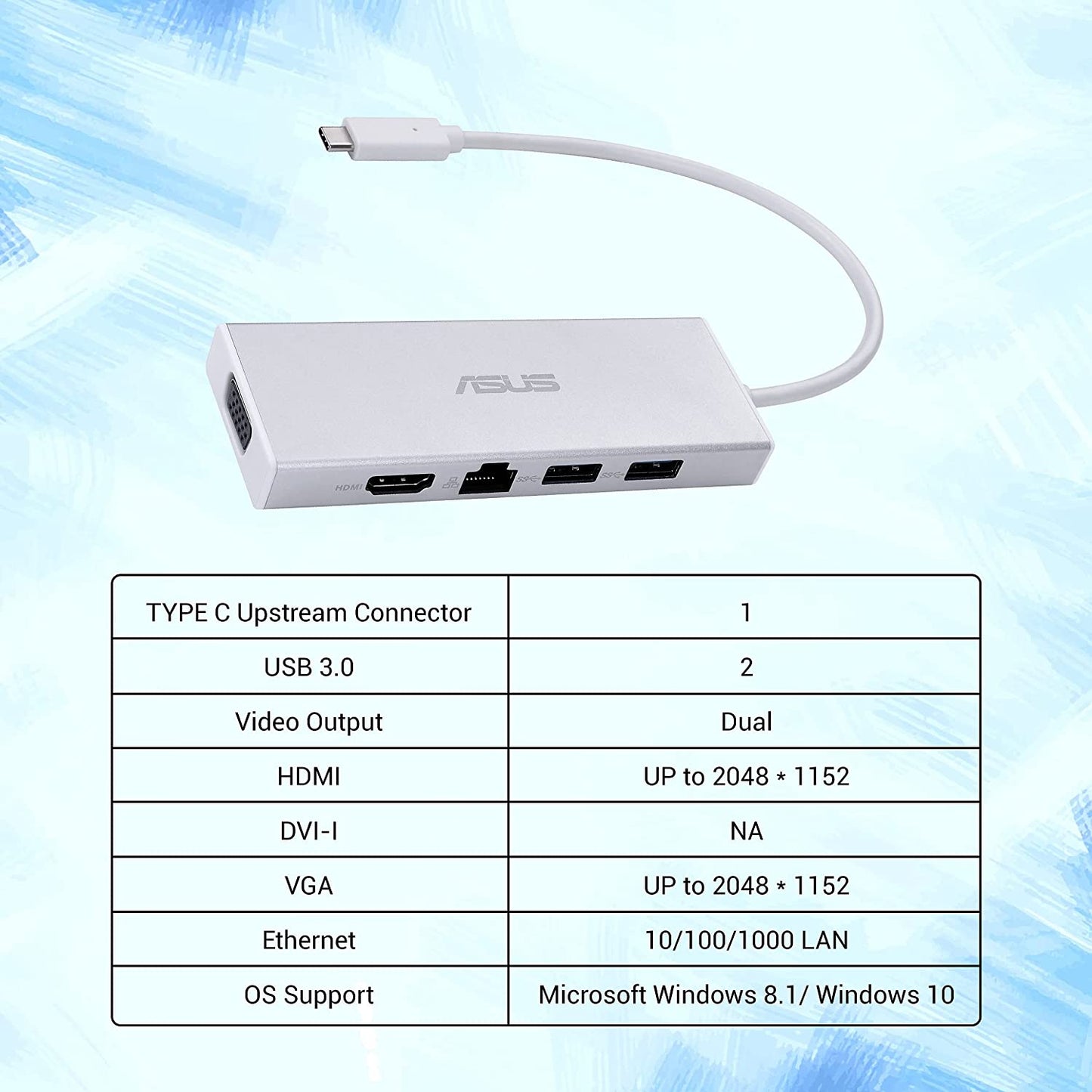 ASUS OS200 USB-C DONGLE with Two USB 3.0 Ports, Gigabit Ethernet Port, HDMI and VGA