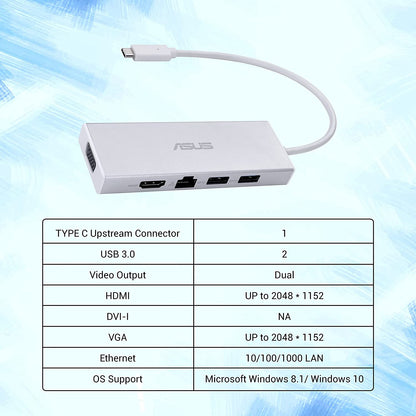 ASUS OS200 USB-C DONGLE with Two USB 3.0 Ports, Gigabit Ethernet Port, HDMI and VGA