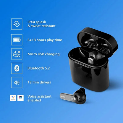 Philips Audio TWS TAT3225 True Wireless Earbuds with 24 Hr Playtime (6+18), IPX4, Bluetooth 5.2, 13 mm Drivers, Voice Assistant (Black)