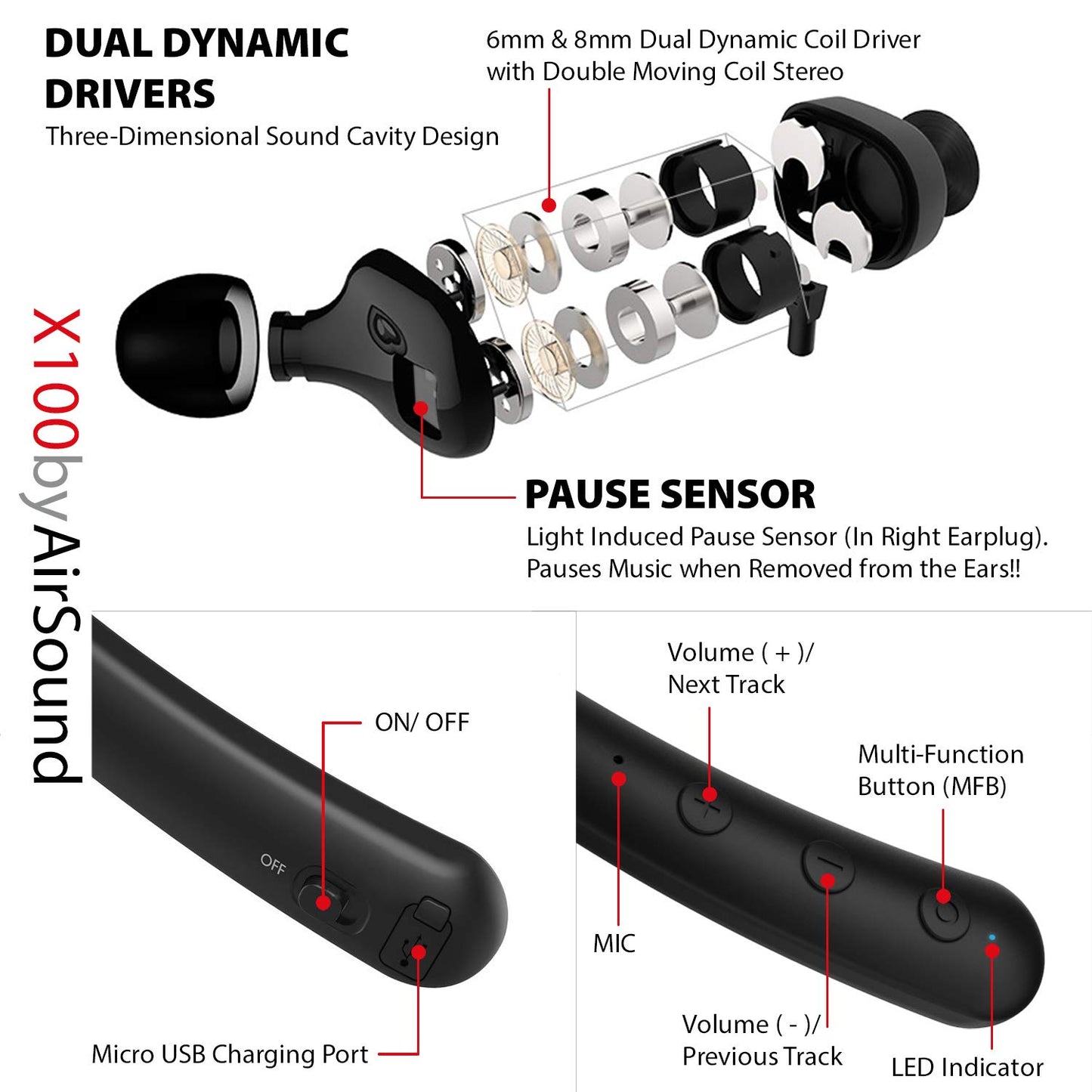 AirSound X100 Sports Wireless Bluetooth in-Ear Headphones, Magnetic Design, HD Stereo Sound & Mic