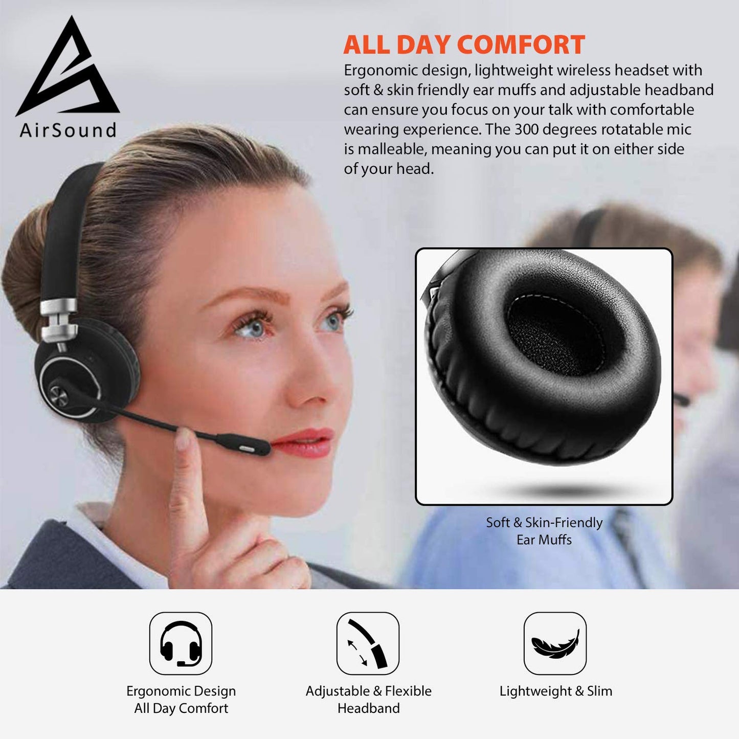 AirSound M91 Pro Bluetooth Wireless Over Ear Headphones, Noise-Cancelling On-Ear with Flexible with mic