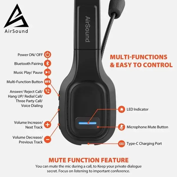 AirSound M100 Pro Bluetooth Wireless Headset | Flexible Microphone, for Conference Calls, 32 Hr Talk Time, CVC 8.0 Noise-Cancelling